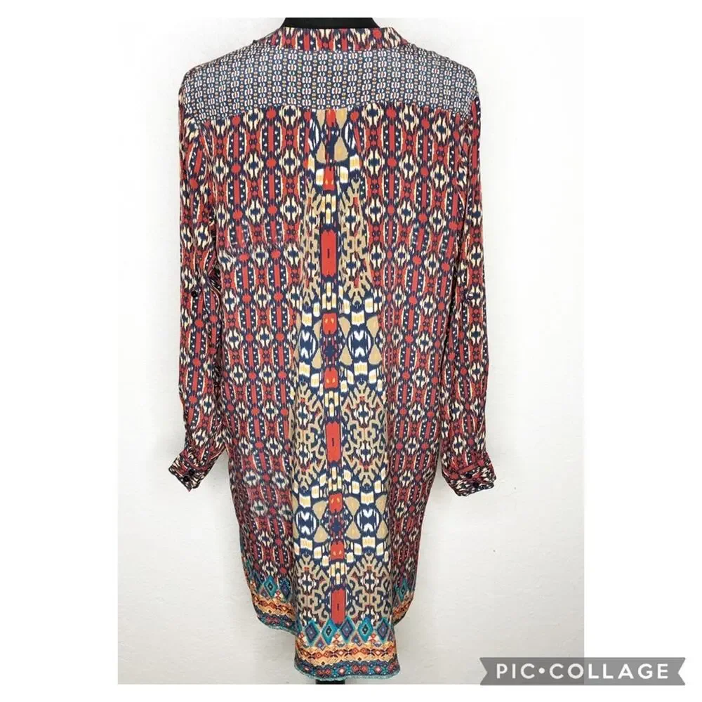 Tolani red blue orange graphic print silk shift dress size Medium